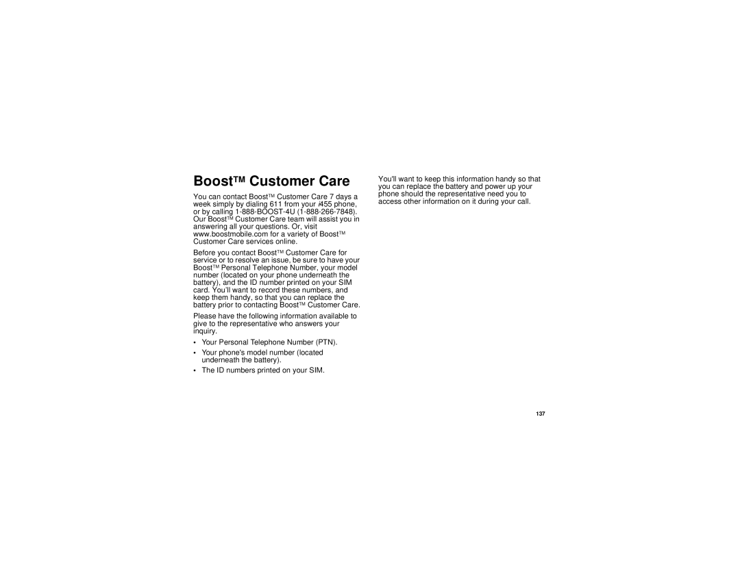 Motorola i455 manual BoostTM Customer Care 