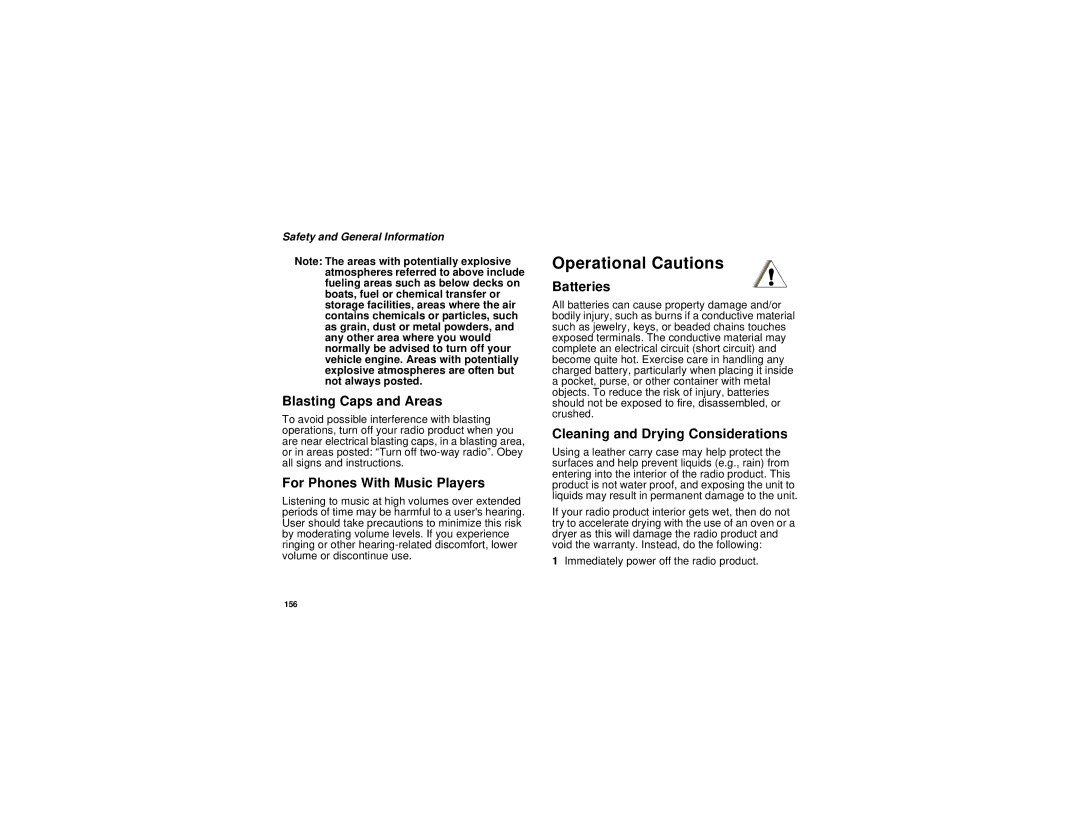 Motorola i455 manual Operational Cautions, Blasting Caps and Areas, For Phones With Music Players, Batteries 