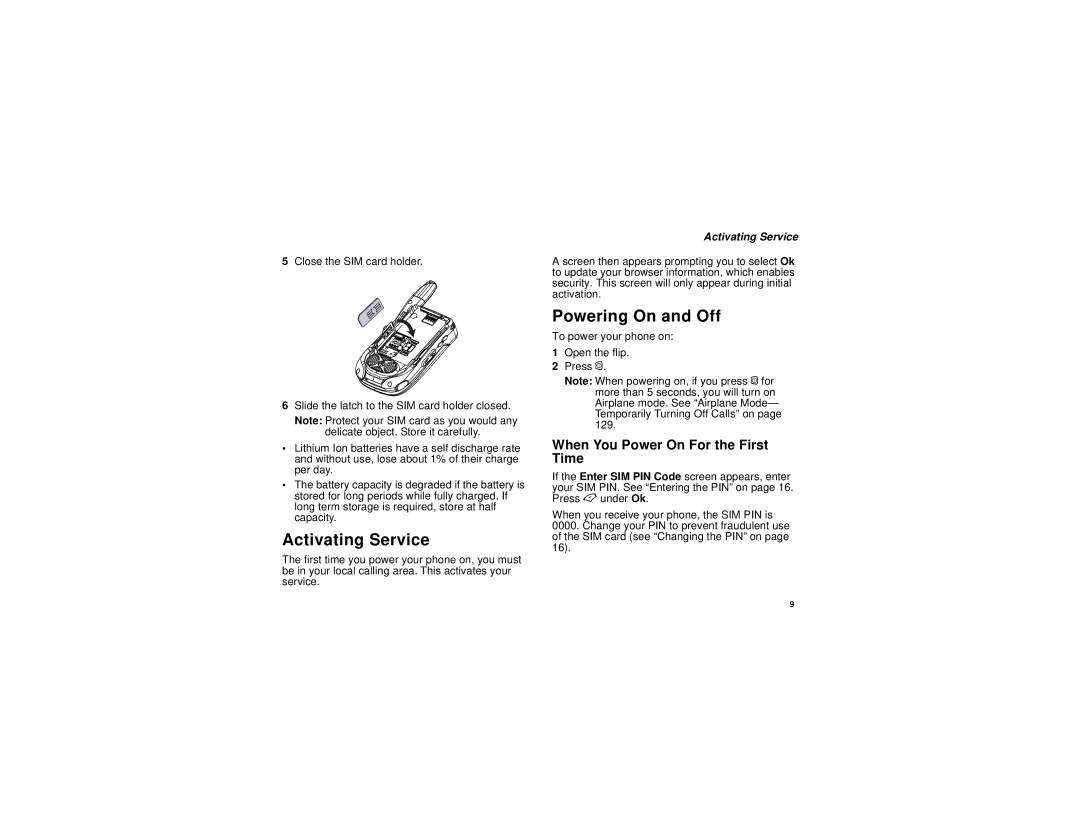 Motorola i455 manual Activating Service, Powering On and Off, When You Power On For the First Time 