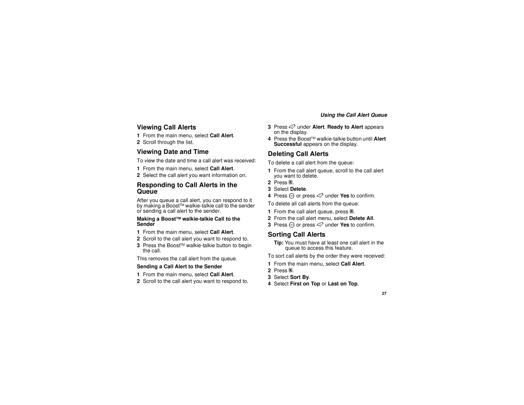 Motorola i455 Viewing Call Alerts, Viewing Date and Time, Responding to Call Alerts in the Queue, Deleting Call Alerts 