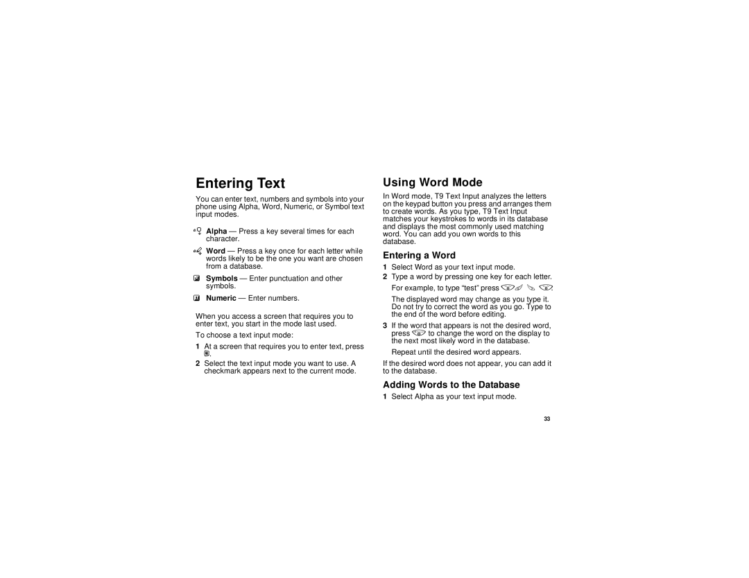 Motorola i455 manual Entering Text, Using Word Mode, Entering a Word, Adding Words to the Database 