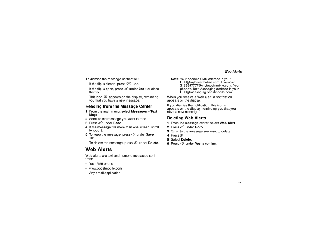 Motorola i455 manual Reading from the Message Center, Deleting Web Alerts 