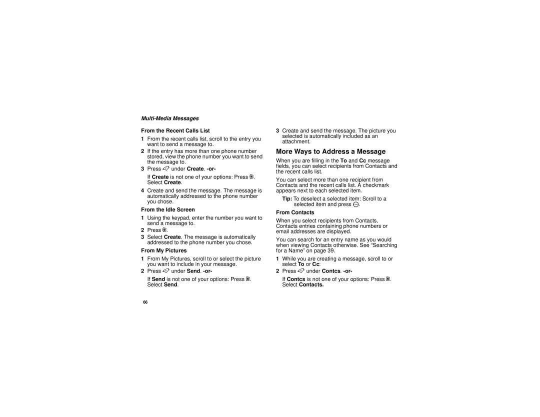 Motorola i455 manual More Ways to Address a Message, From the Recent Calls List, From the Idle Screen, From My Pictures 