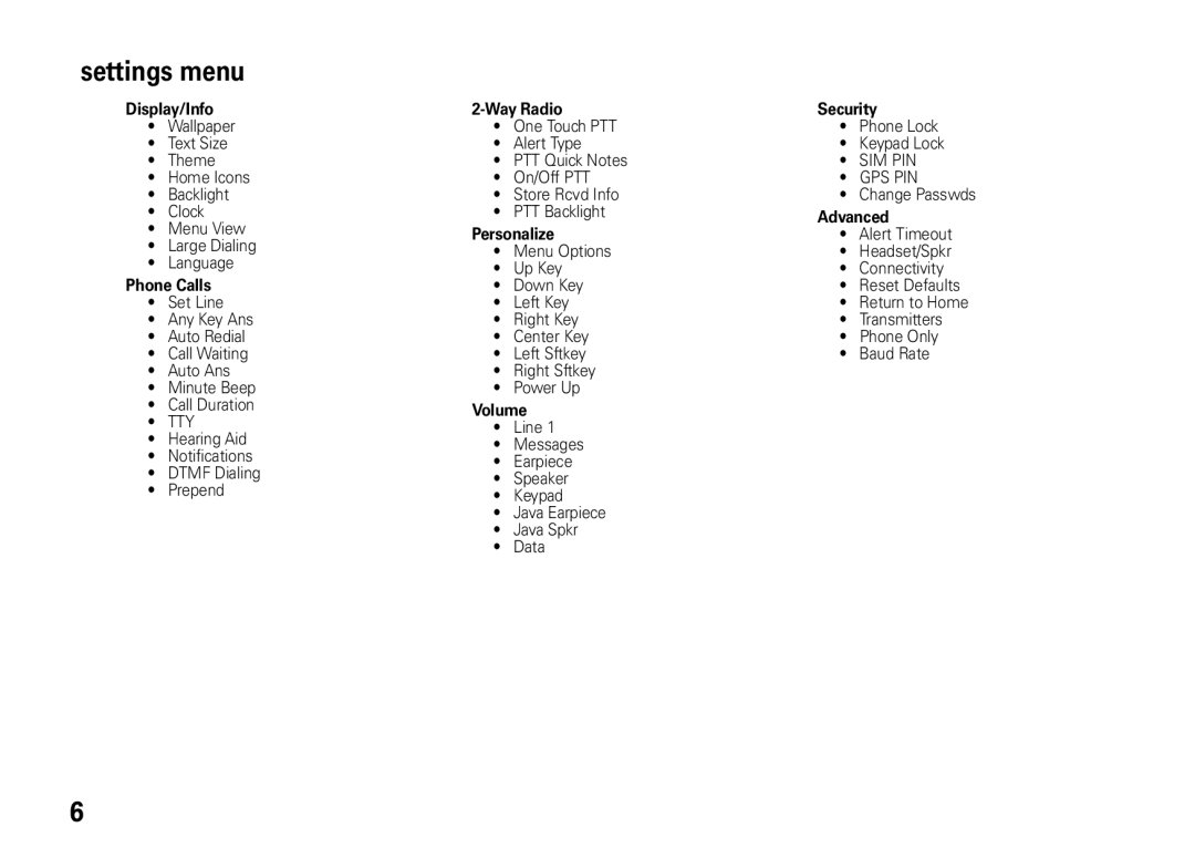 Motorola I465 manual Settings menu, Phone Calls 