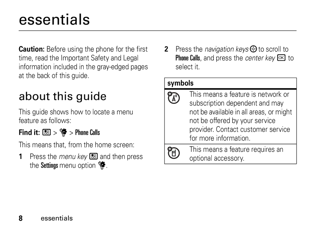 Motorola I465 manual Essentials, About this guide, Symbols 