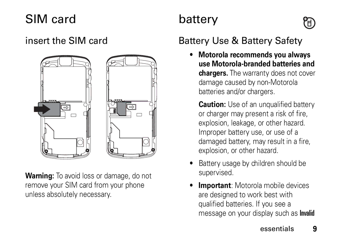 Motorola I465 Insert the SIM card, Battery Use & Battery Safety, Battery usage by children should be supervised 