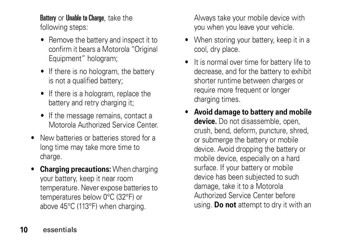 Motorola I465 manual Battery or Unable to Charge, take the following steps 