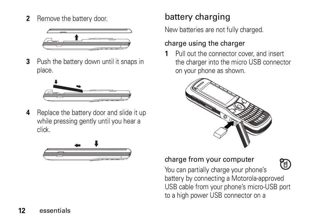 Motorola I465 manual Battery charging, Charge from your computer 