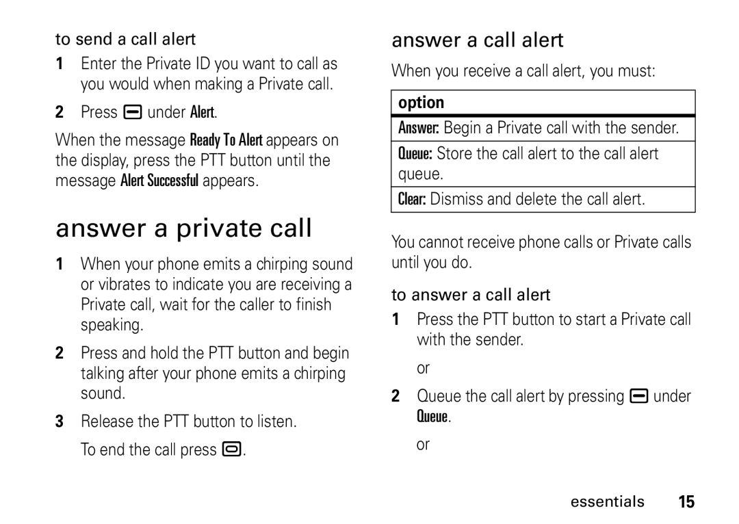 Motorola I465 manual Answer a private call, Answer a call alert, Option 