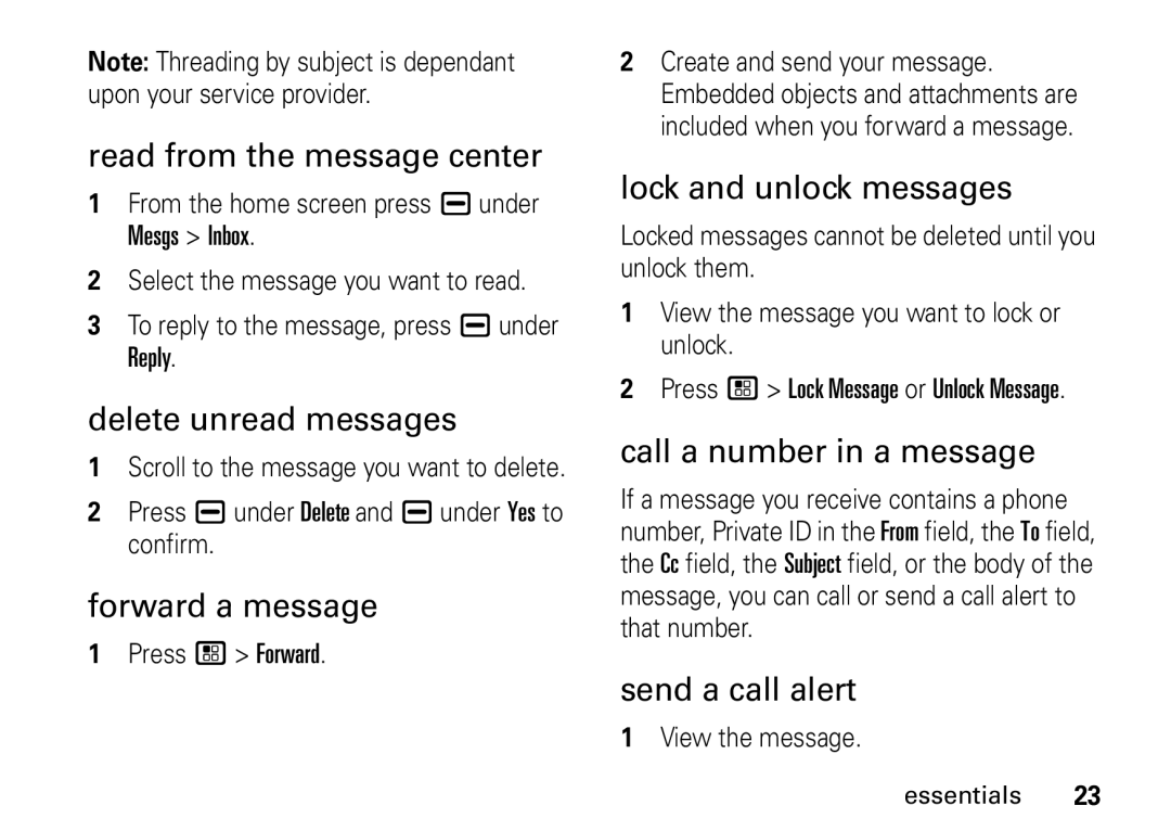 Motorola I465 manual Read from the message center, Delete unread messages, Forward a message, Lock and unlock messages 