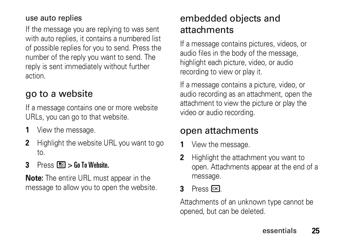 Motorola I465 manual Go to a website, Embedded objects and attachments, Open attachments 