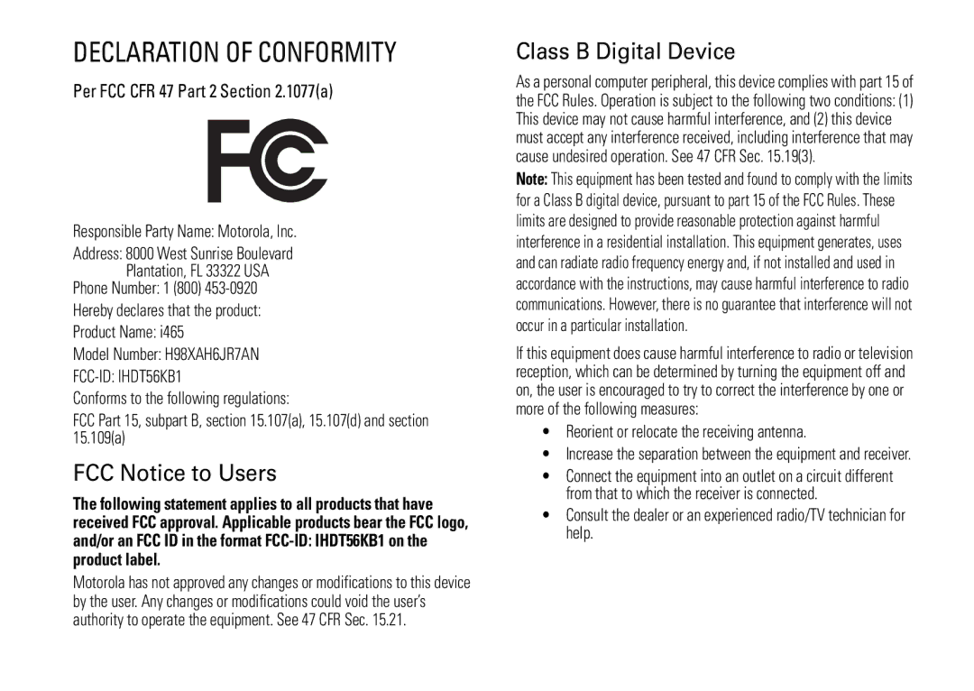 Motorola I465 manual FCC Notice to Users, Class B Digital Device 