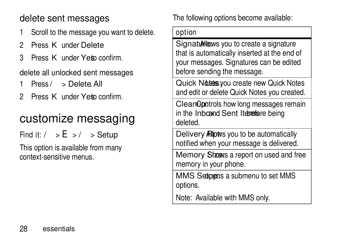 Motorola I465 manual Customize messaging, Delete sent messages, Find it / E / Setup 