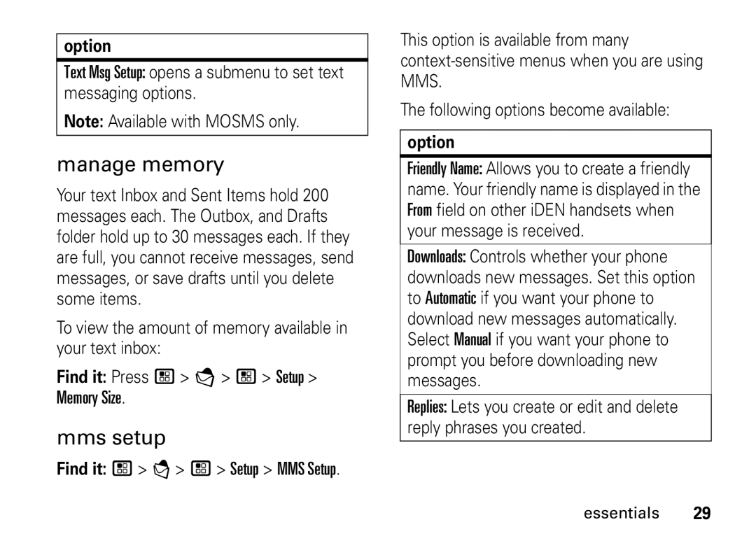 Motorola I465 manual Manage memory, Mms setup 