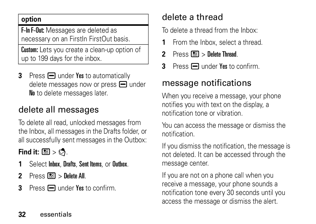 Motorola I465 manual Delete all messages, Delete a thread, Message notifications, Find it / E 