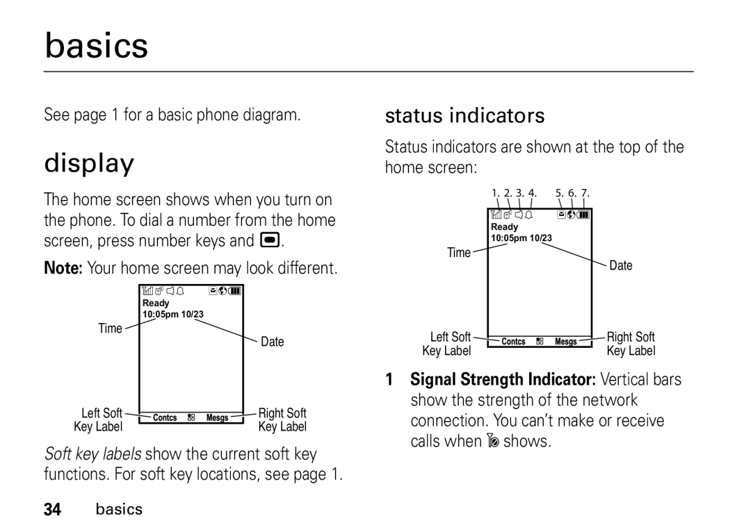 Motorola I465 manual Basics, Display, Status indicators, See page 1 for a basic phone diagram 