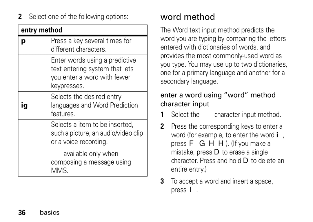 Motorola I465 manual Word method, Select one of the following options, Entry method, Features 