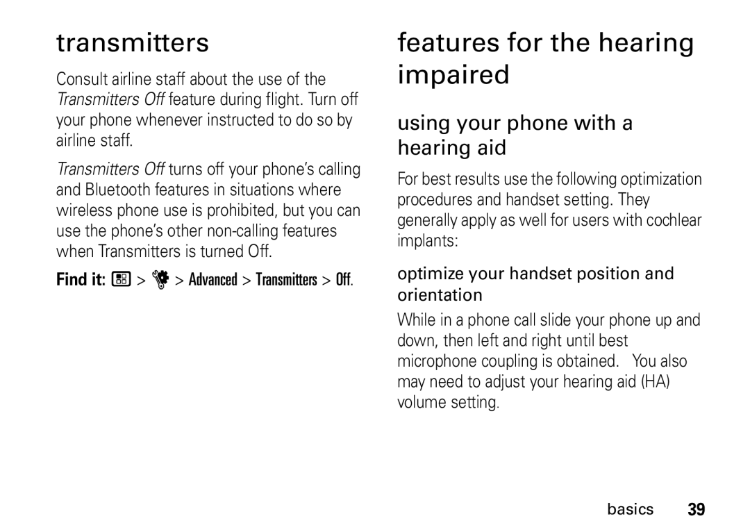 Motorola I465 manual Transmitters, Features for the hearing impaired, Using your phone with a hearing aid 