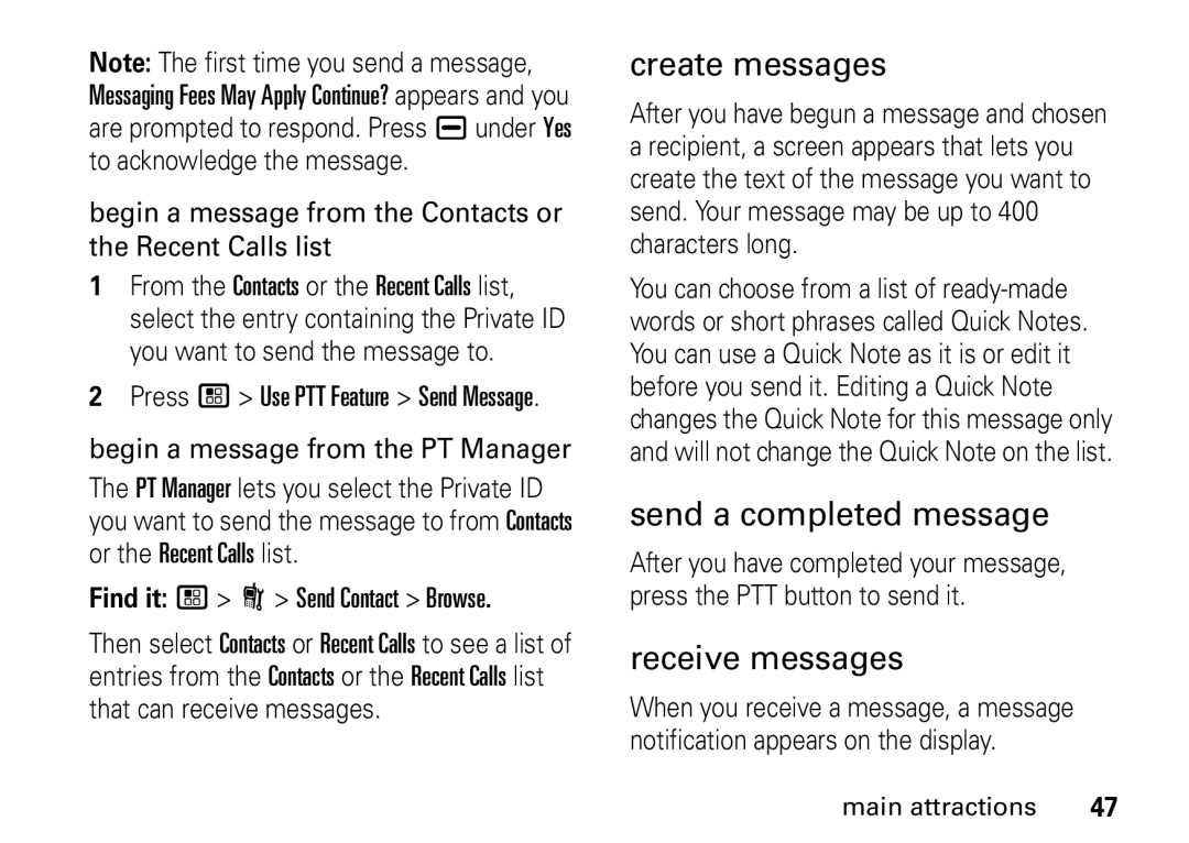 Motorola I465 manual Create messages, Send a completed message, Receive messages 