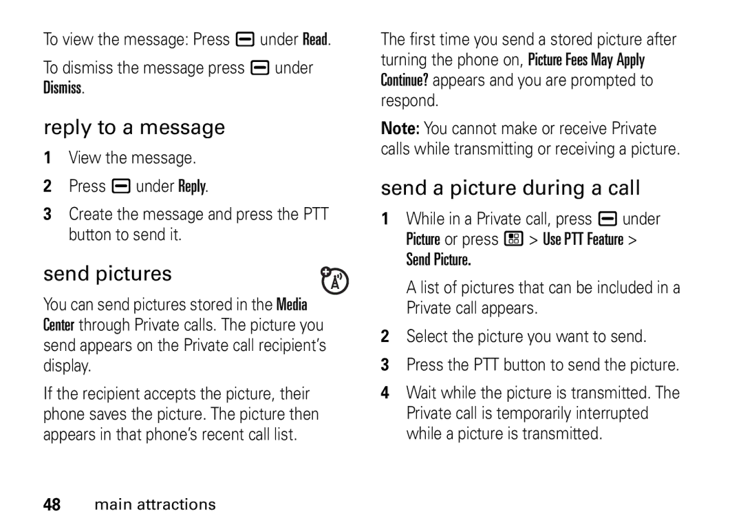 Motorola I465 manual Send pictures, Send a picture during a call 