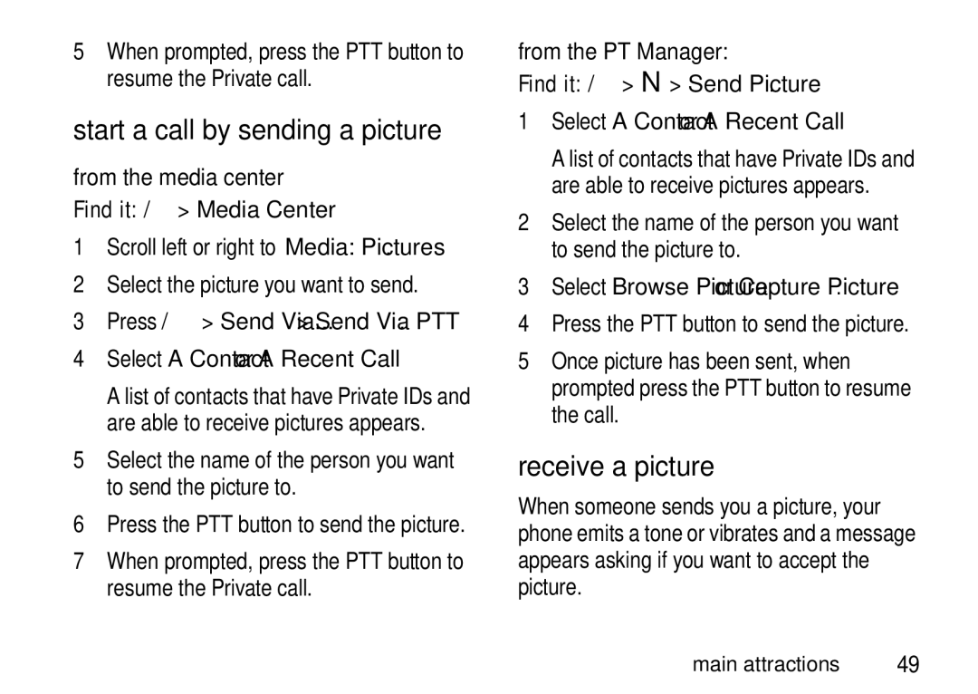 Motorola I465 manual Start a call by sending a picture, Receive a picture 