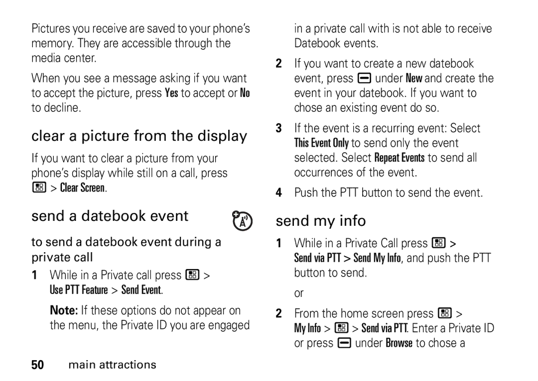 Motorola I465 manual Clear a picture from the display, Send a datebook event, Send my info 