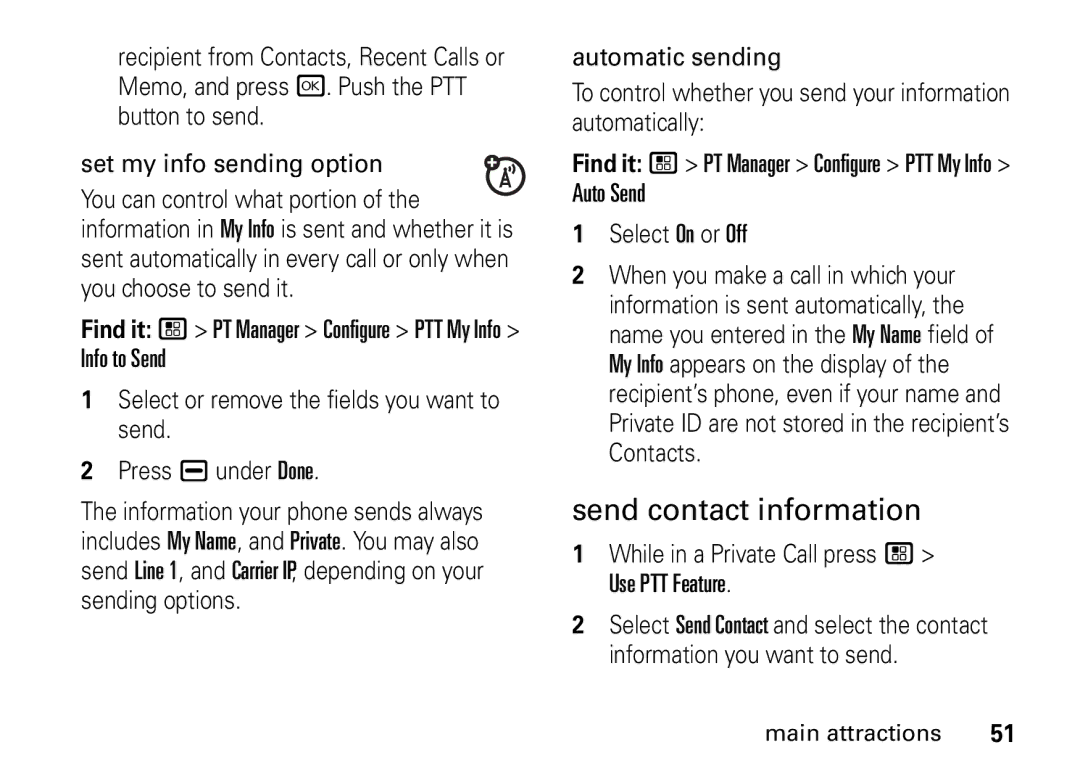 Motorola I465 manual Send contact information, While in a Private Call press / Use PTT Feature 