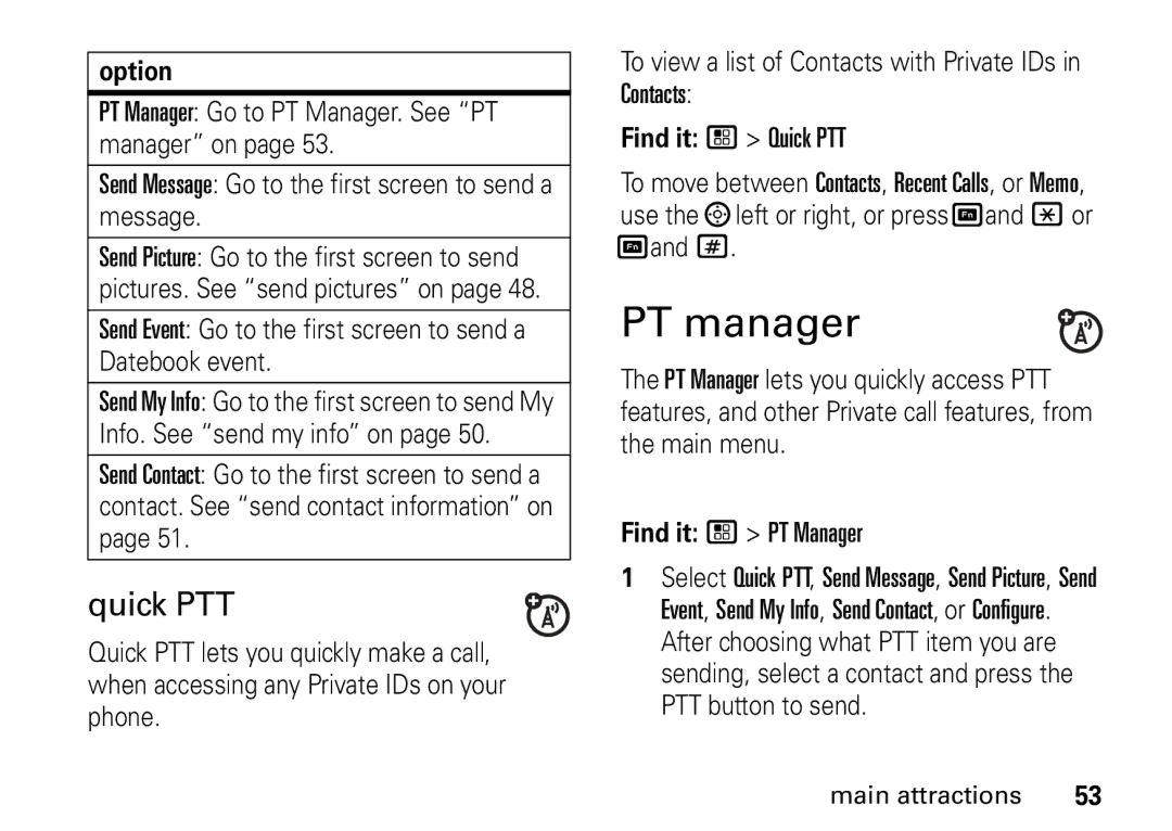 Motorola I465 manual PT manager, Quick PTT, Send Event Go to the first screen to send a Datebook event 