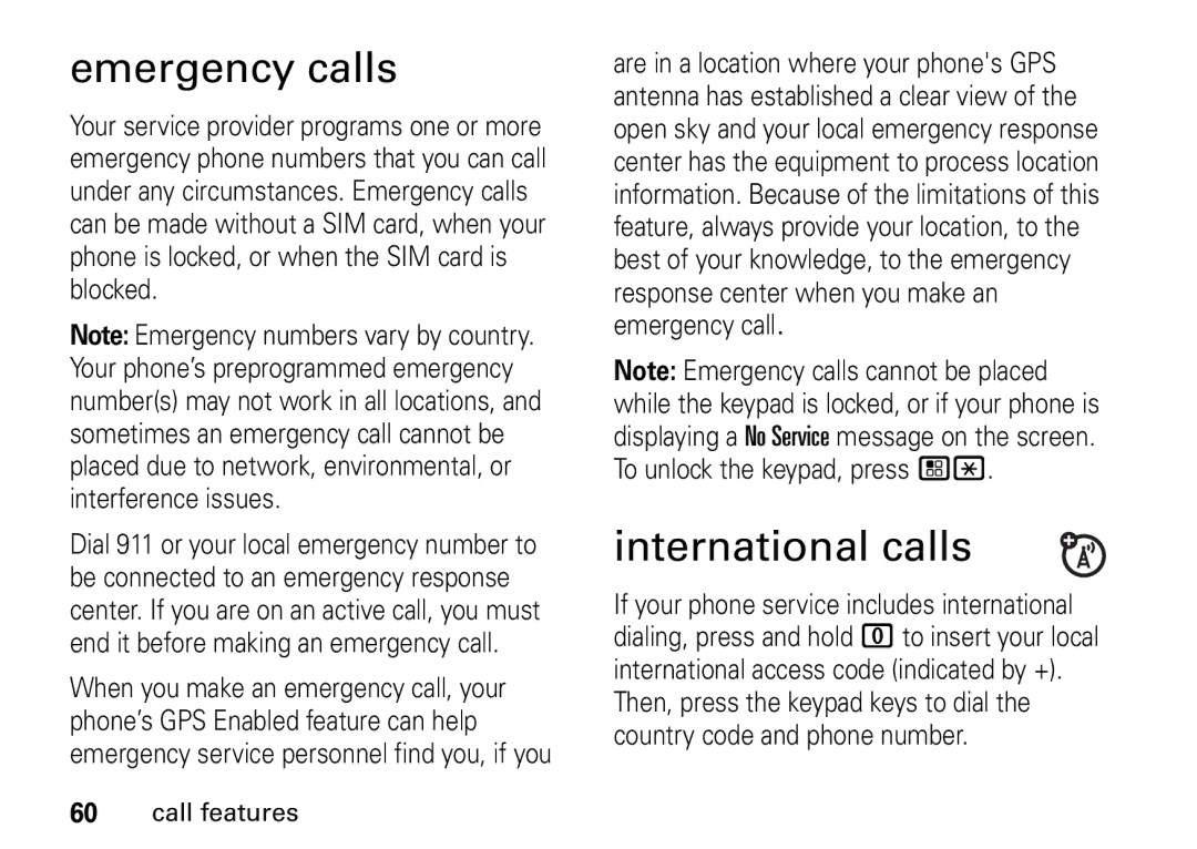 Motorola I465 manual Emergency calls, International calls 