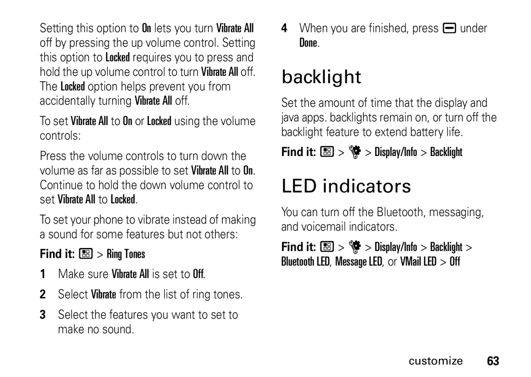 Motorola I465 manual LED indicators, Find it / u Display/Info Backlight 