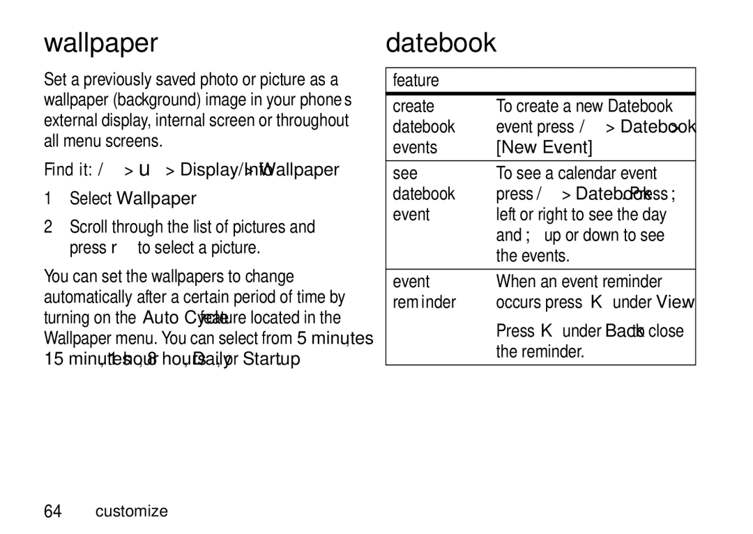 Motorola I465 manual Wallpaper, Feature Create, Events New Event See To see a calendar event Datebook 