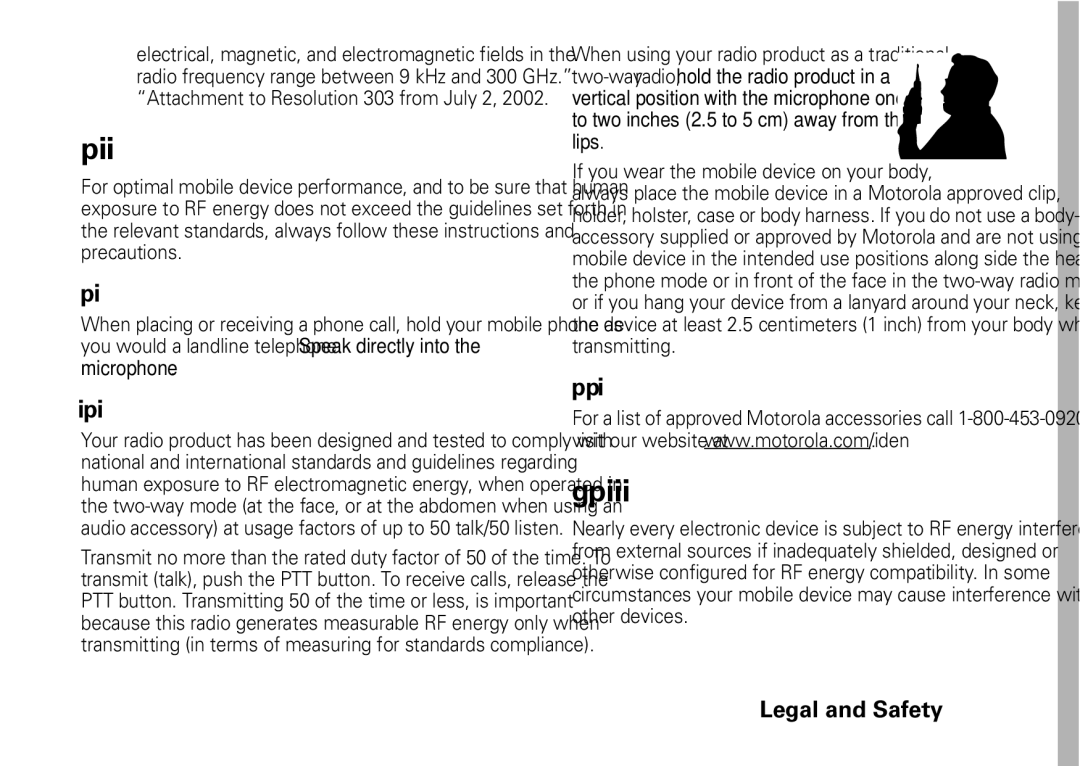 Motorola I465 Operational Precautions, RF Energy Interference/Compatibility, Phone Operation, Two-way radio operation 