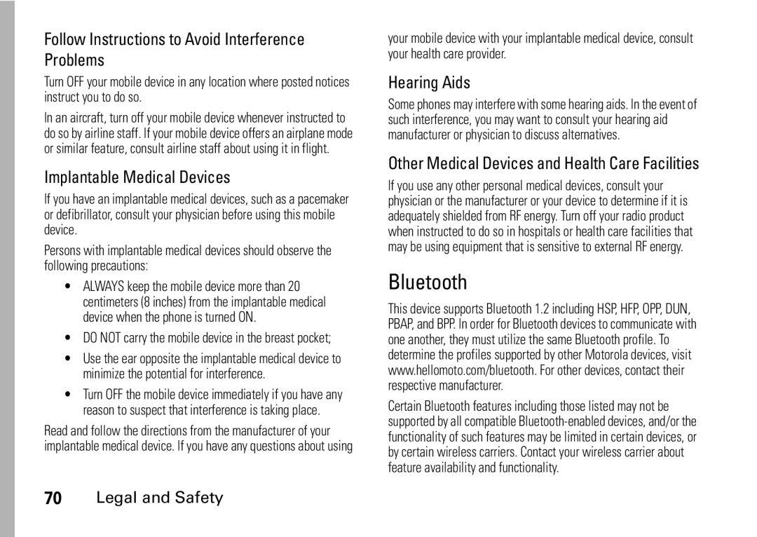 Motorola I465 Bluetooth, Follow Instructions to Avoid Interference Problems, Implantable Medical Devices, Hearing Aids 