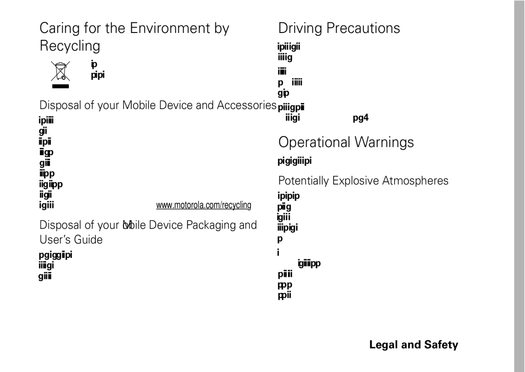 Motorola I465 manual Caring for the Environment by Recycling, Driving Precautions, Operational Warnings 