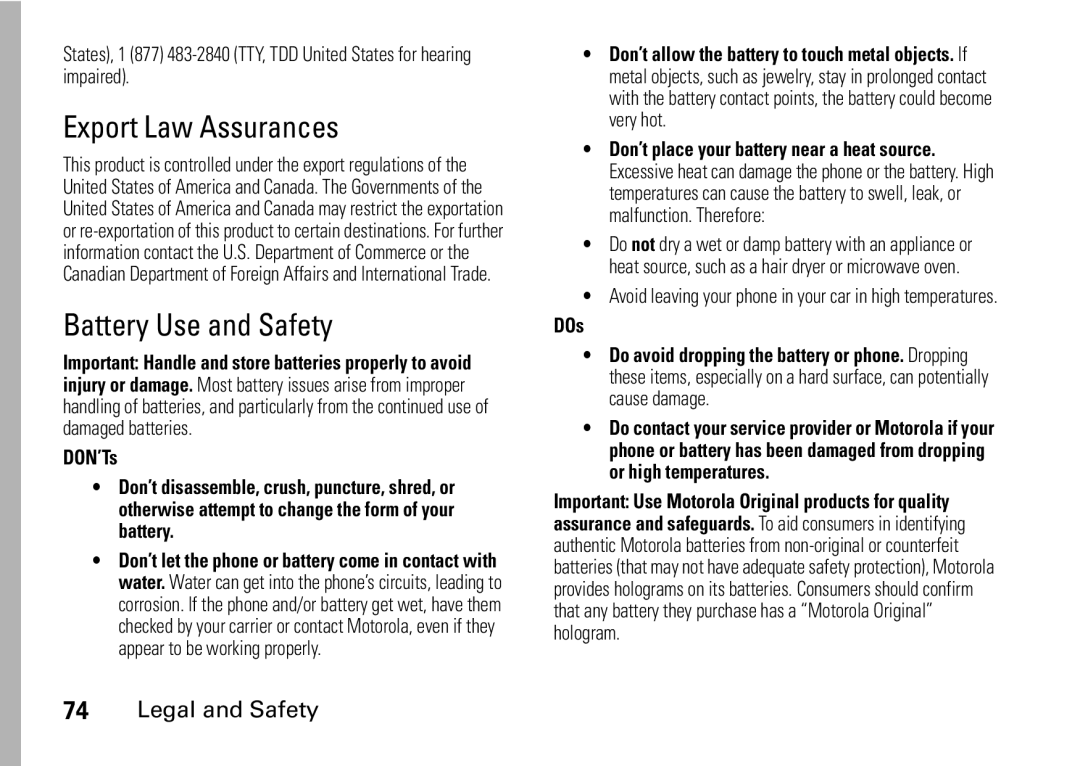 Motorola I465 manual Export Law Assurances, Battery Use and Safety 