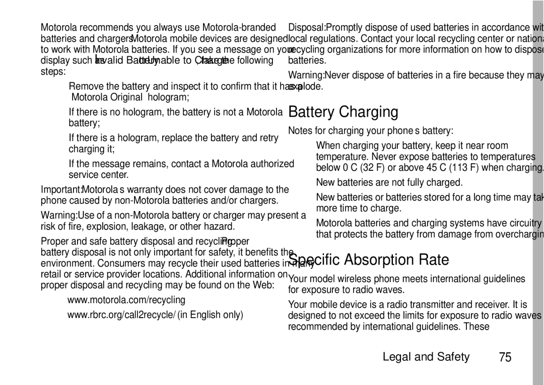 Motorola I465 manual Battery Charging, Specific Absorption Rate 