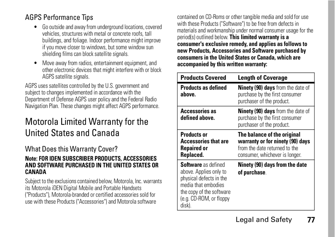 Motorola I465 manual Motorola Limited Warranty for the United States and Canada, Agps Performance Tips 