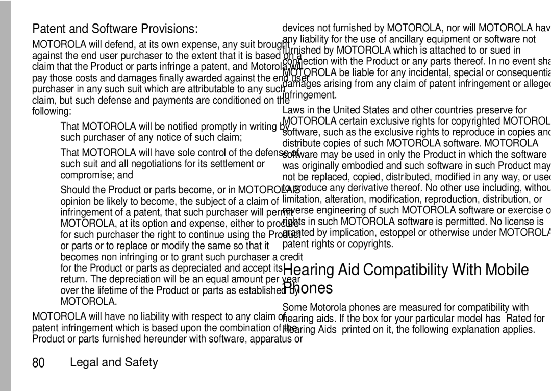 Motorola I465 manual Hearing Aid Compatibility With Mobile Phones, Patent and Software Provisions 