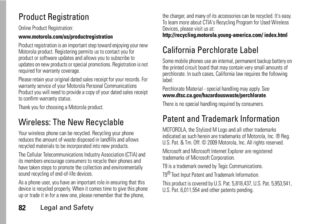 Motorola I465 manual Product Registration, Wireless The New Recyclable, California Perchlorate Label 