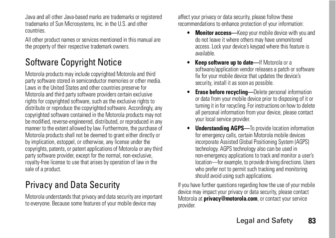 Motorola I465 manual Software Copyright Notice, Privacy and Data Security 