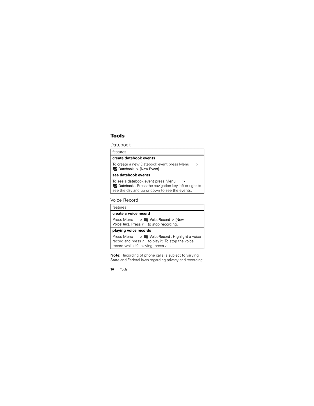 Motorola I475 manual Tools, Datebook, Voice Record 