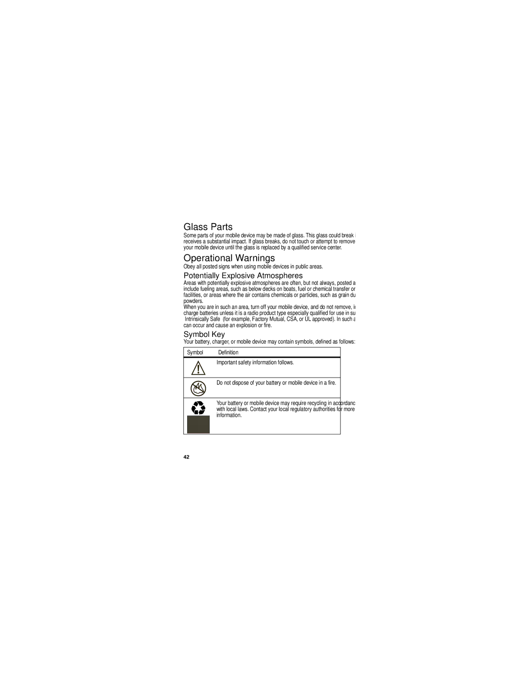 Motorola I475W manual Glass Parts, Operational Warnings, Potentially Explosive Atmospheres, Symbol Key, Symbol Definition 