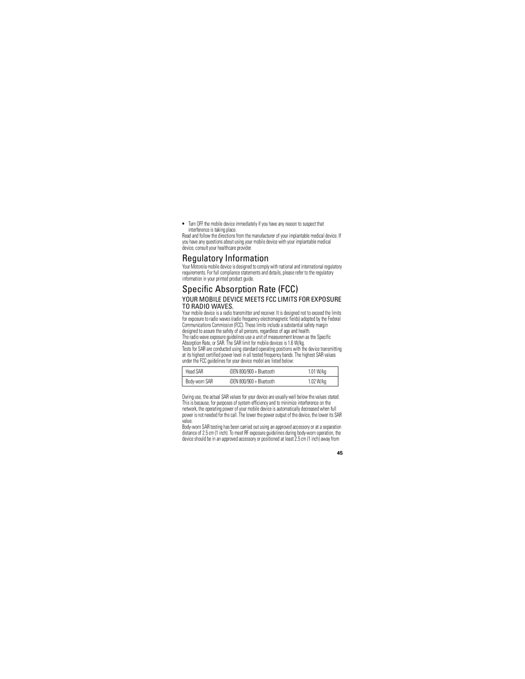 Motorola I475W manual Regulatory Information, Specific Absorption Rate FCC 