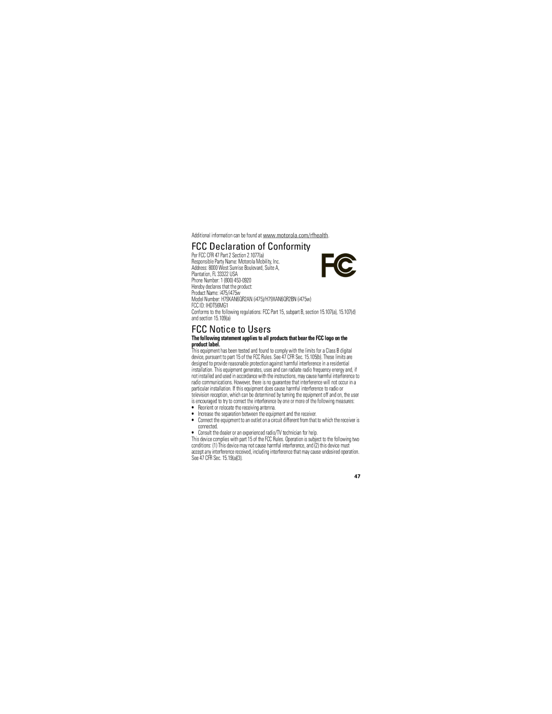 Motorola I475W manual FCC Declaration of Conformity, FCC Notice to Users 