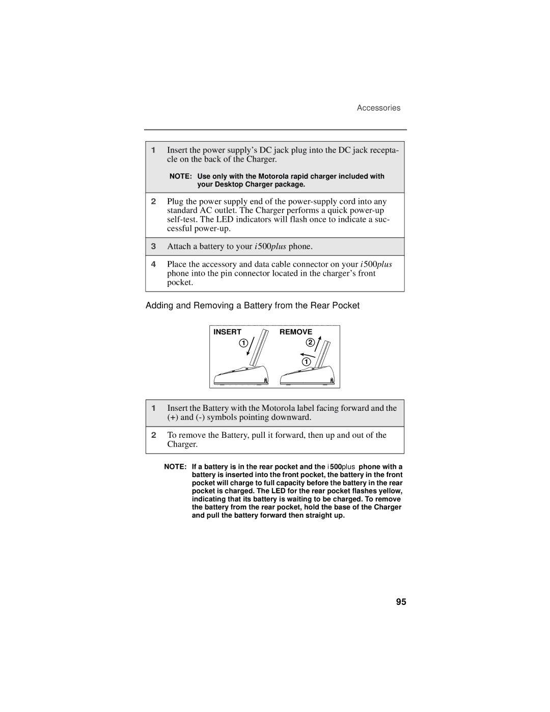 Motorola i500plus manual Adding and Removing a Battery from the Rear Pocket 