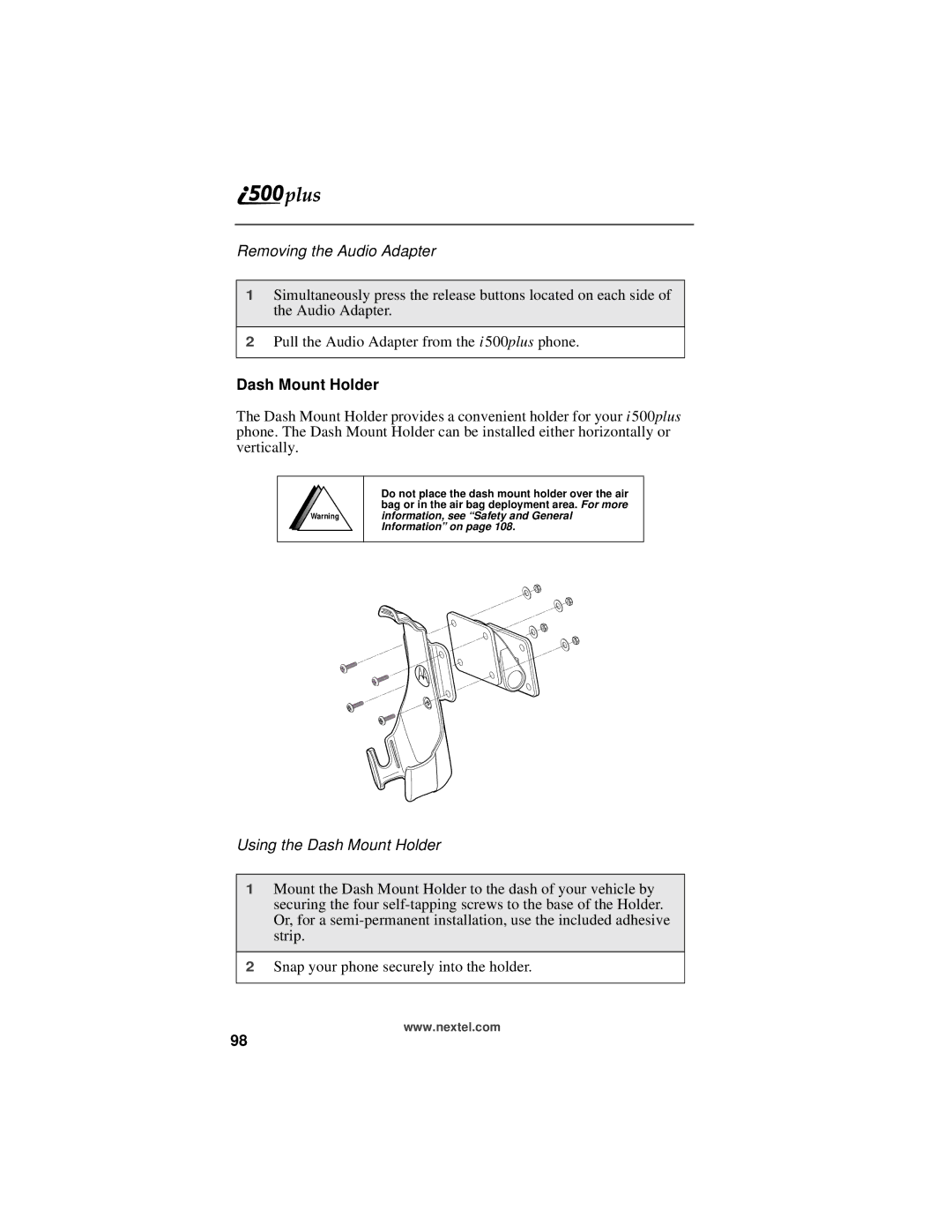 Motorola i500plus manual Removing the Audio Adapter, Using the Dash Mount Holder 