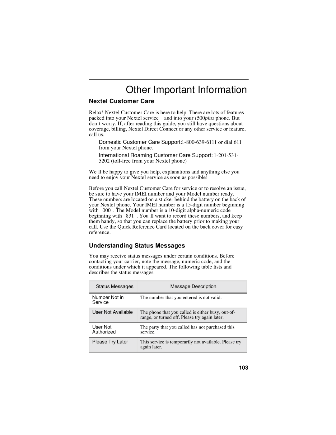 Motorola i500plus manual Nextel Customer Care, Understanding Status Messages 