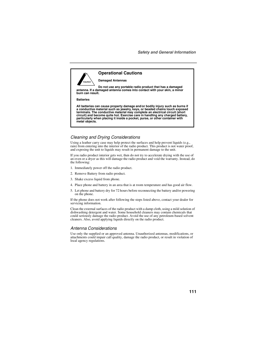 Motorola i500plus manual Operational Cautions, Cleaning and Drying Considerations, Antenna Considerations, 111 