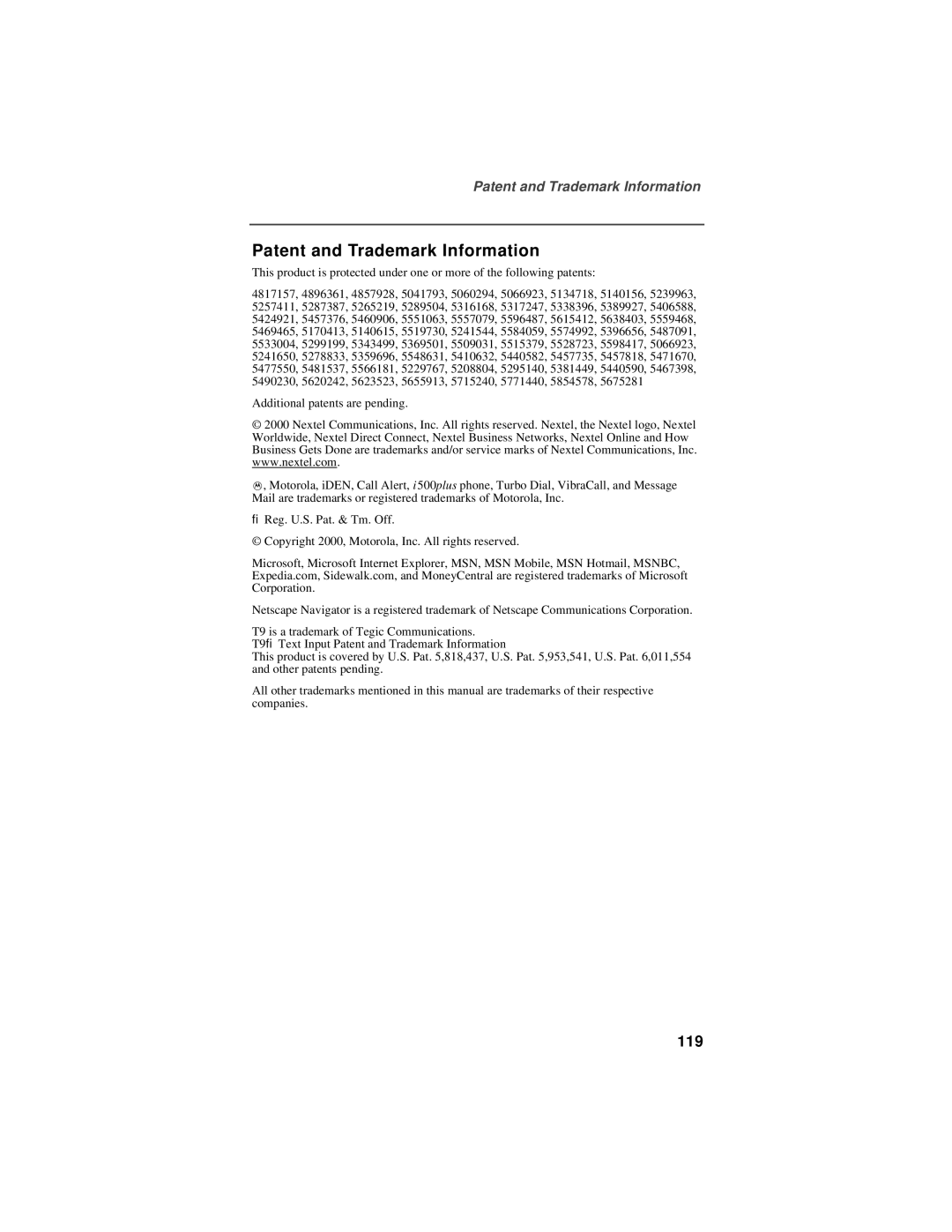 Motorola i500plus manual Patent and Trademark Information, 119 