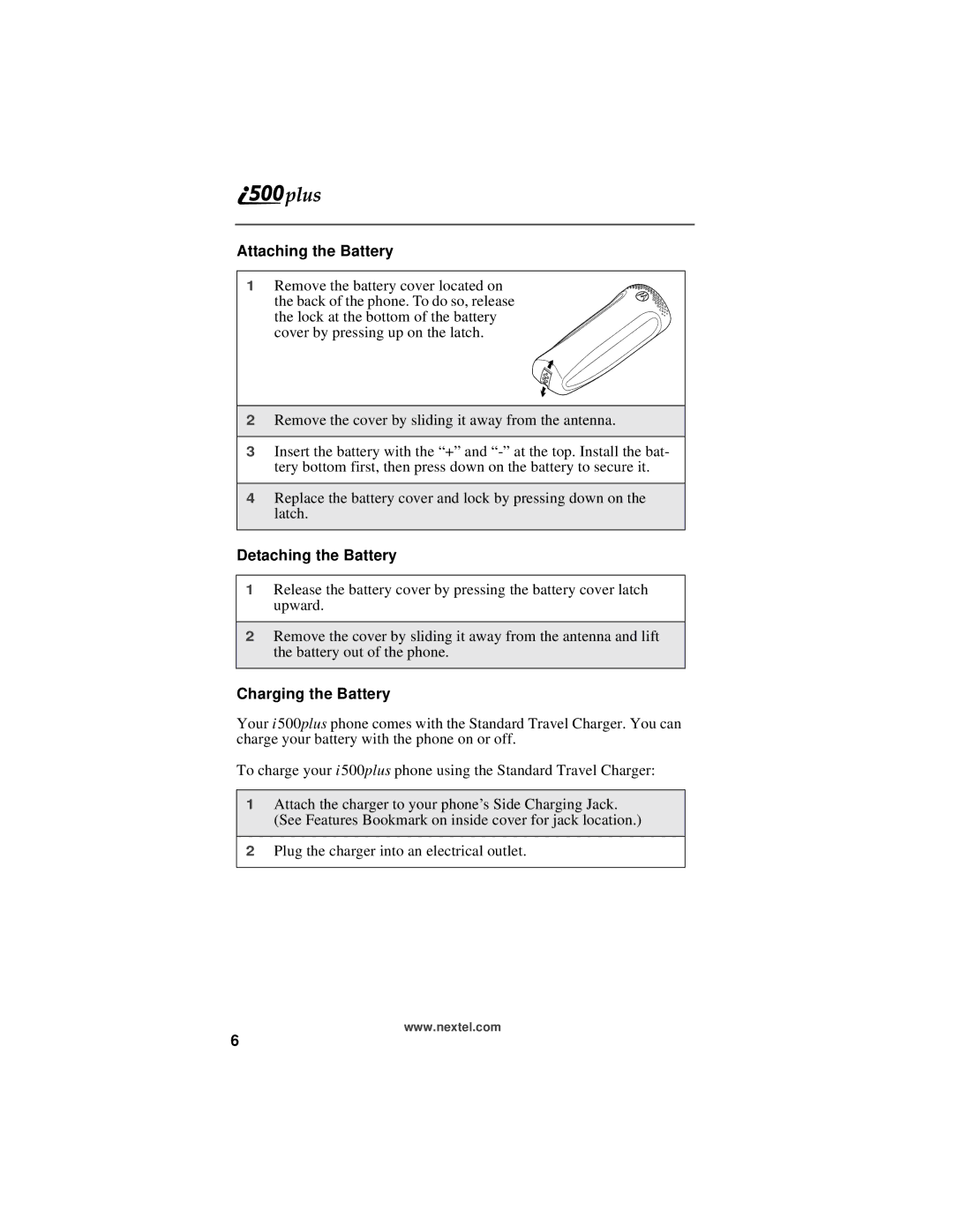 Motorola i500plus manual Attaching the Battery, Detaching the Battery, Charging the Battery 